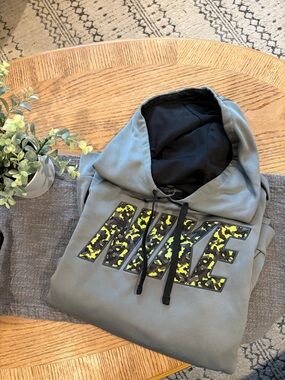 Nike Grey Hoodie with Black Hood Lining and Lime Logo Accents